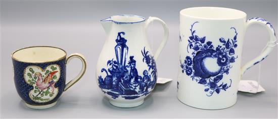 18th C Worcester spray-decorated mug, a Mother & Child pattern sparrowbeak jug & a scale-pattern cup (faults)